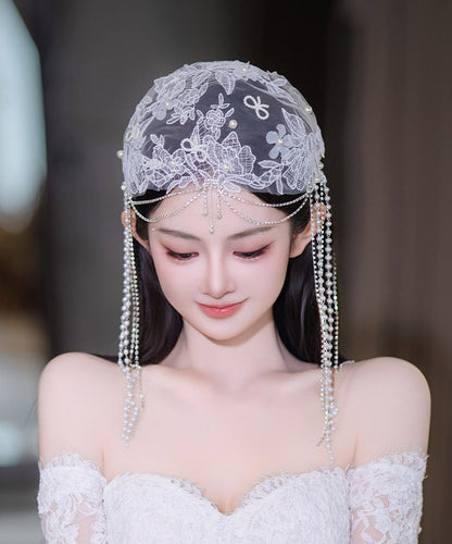 Original Design White Tulle Patchwork Lace Floral Pearl Tassel HairPiece