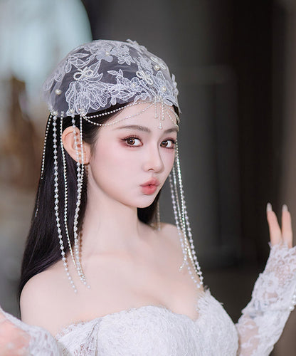 Original Design White Tulle Patchwork Lace Floral Pearl Tassel HairPiece