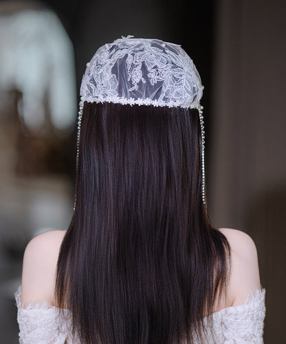Original Design White Tulle Patchwork Lace Floral Pearl Tassel HairPiece