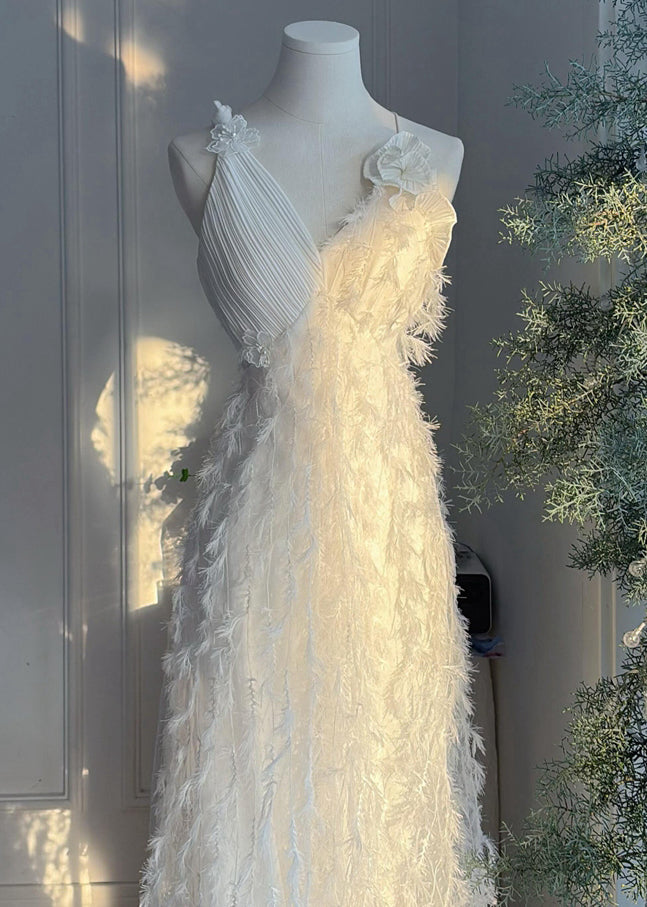 Original Design White V Neck High Waist Party Dress Sleeveless