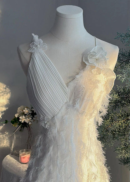 Original Design White V Neck High Waist Party Dress Sleeveless