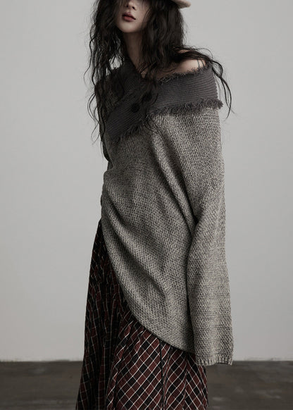 Original Design Winter Irregular Large Collar Light Grey Knitted Sweater