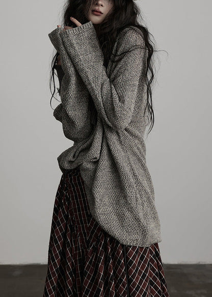 Original Design Winter Irregular Large Collar Light Grey Knitted Sweater