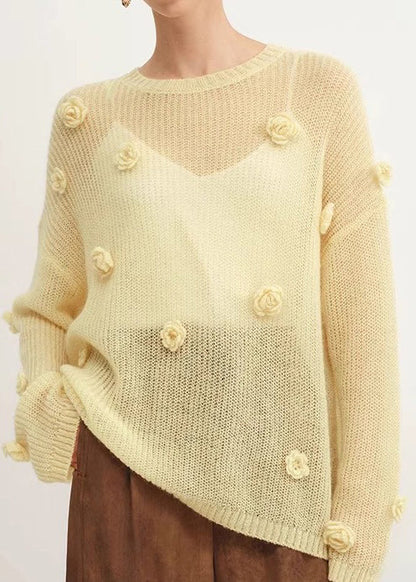 Original Design Yellow O Neck Floral Cozy Knit Shirts Fall