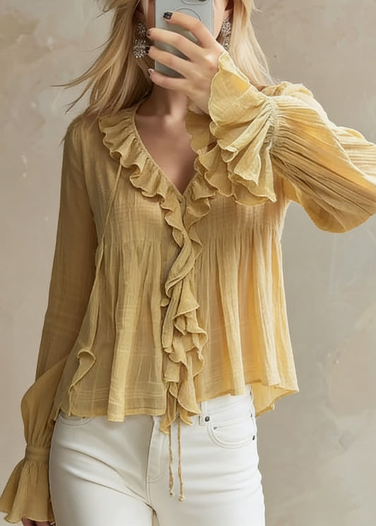 Original Design Yellow Ruffled Lace Up Cotton Blouse Flare Sleeve