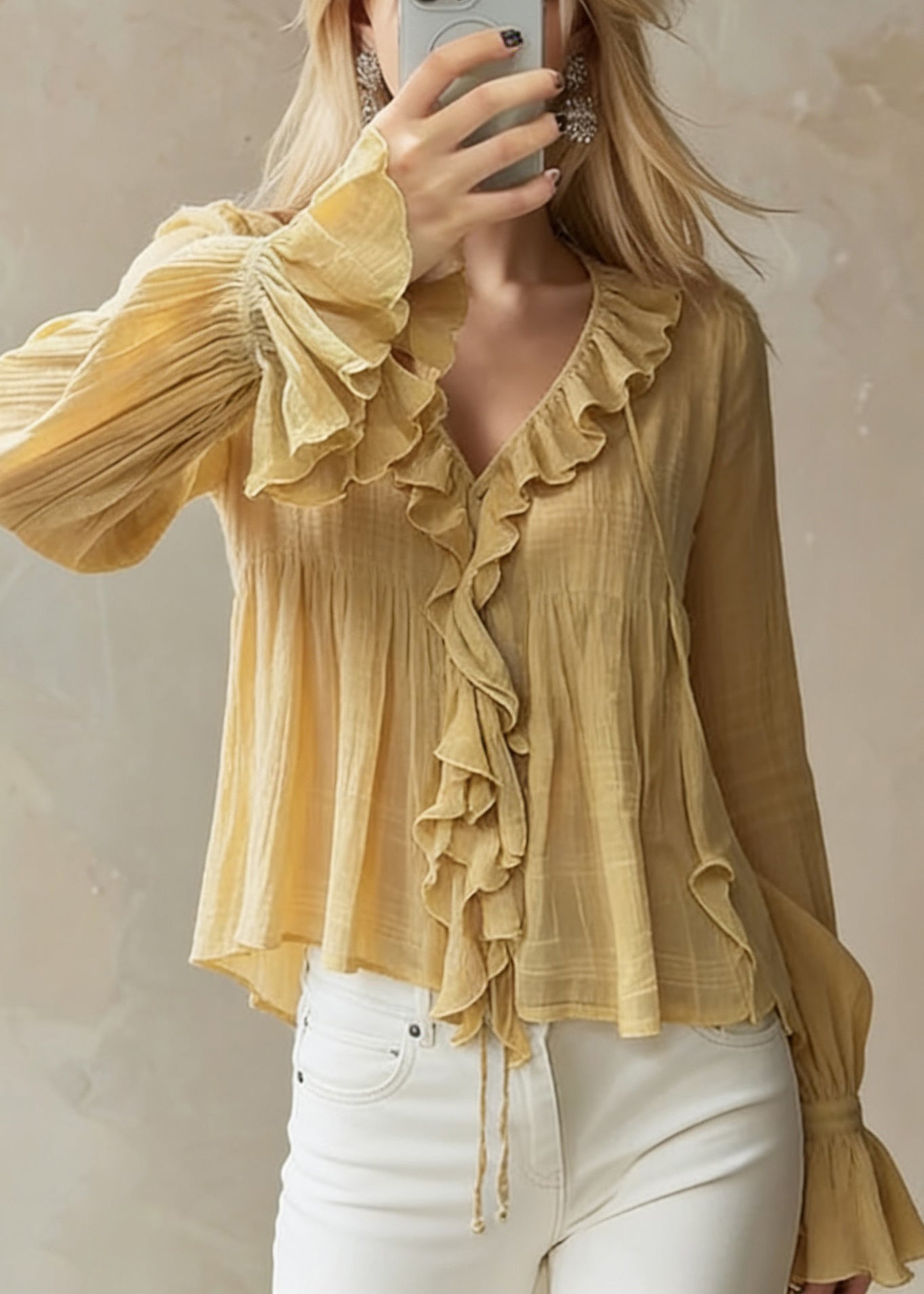 Original Design Yellow Ruffled Lace Up Cotton Blouse Flare Sleeve