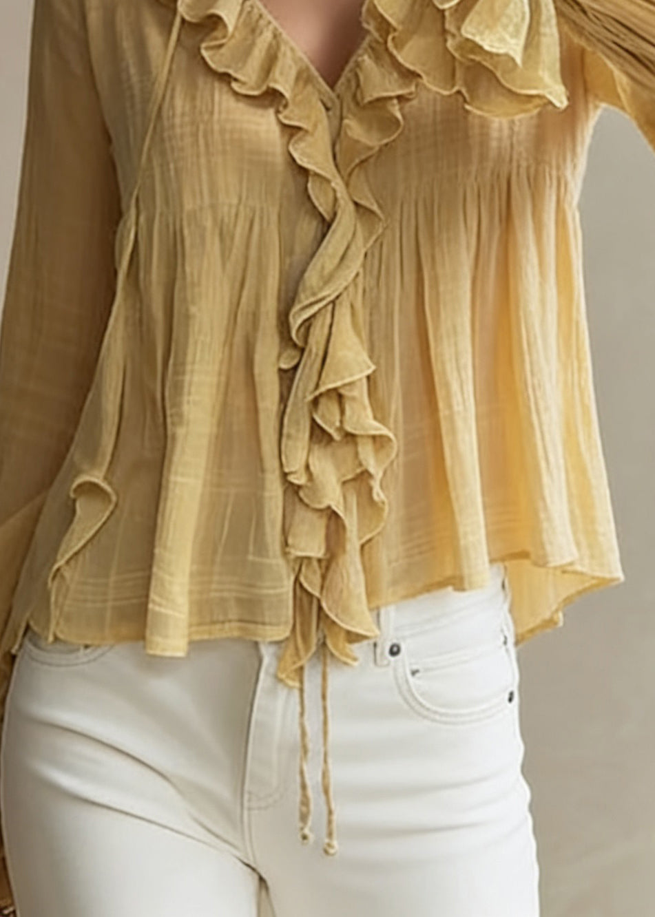 Original Design Yellow Ruffled Lace Up Cotton Blouse Flare Sleeve