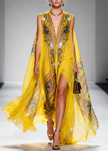 Original Design Yellow V Neck Print Zircon Chiffon Dress Summer
