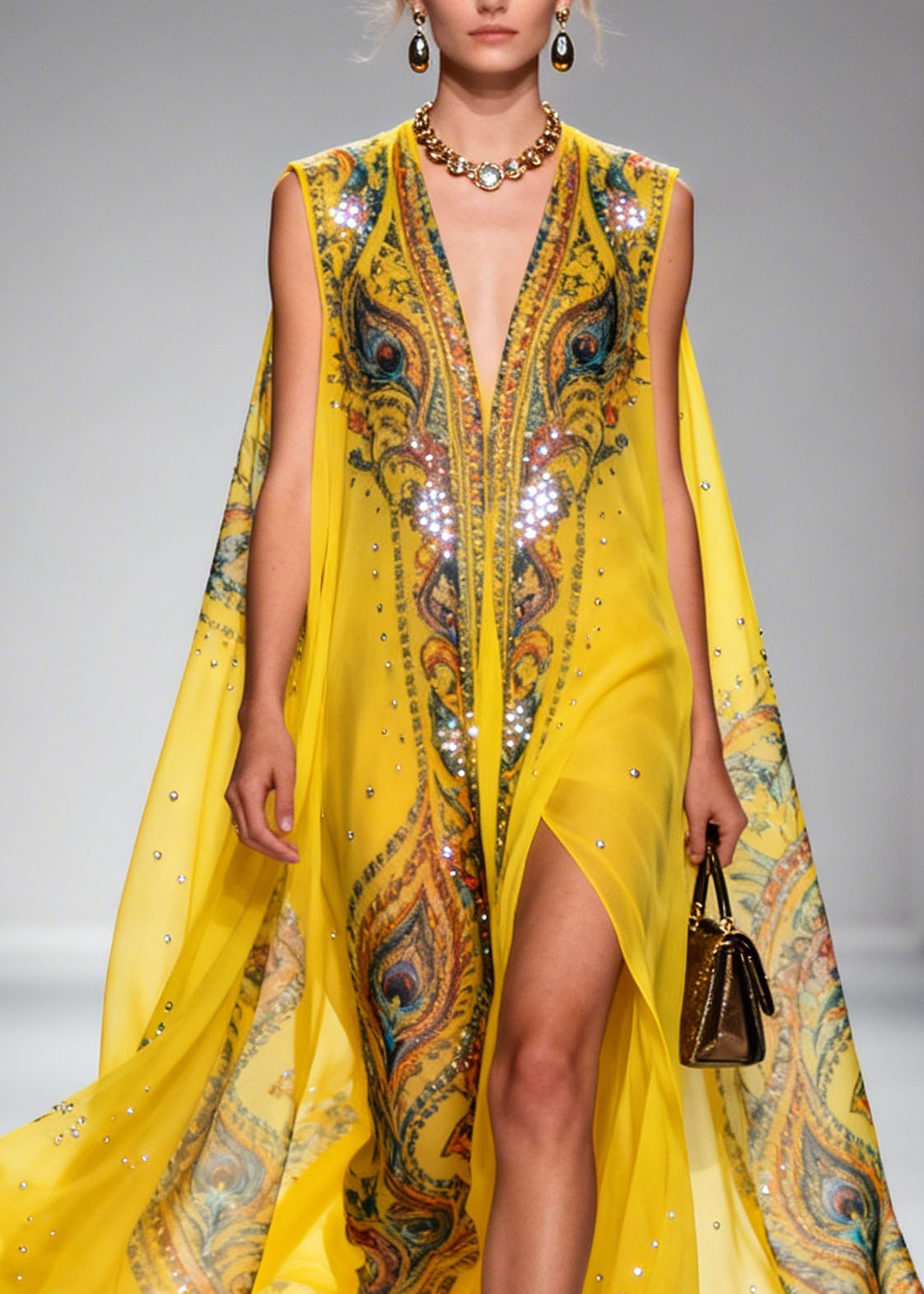 Original Design Yellow V Neck Print Zircon Chiffon Dress Summer