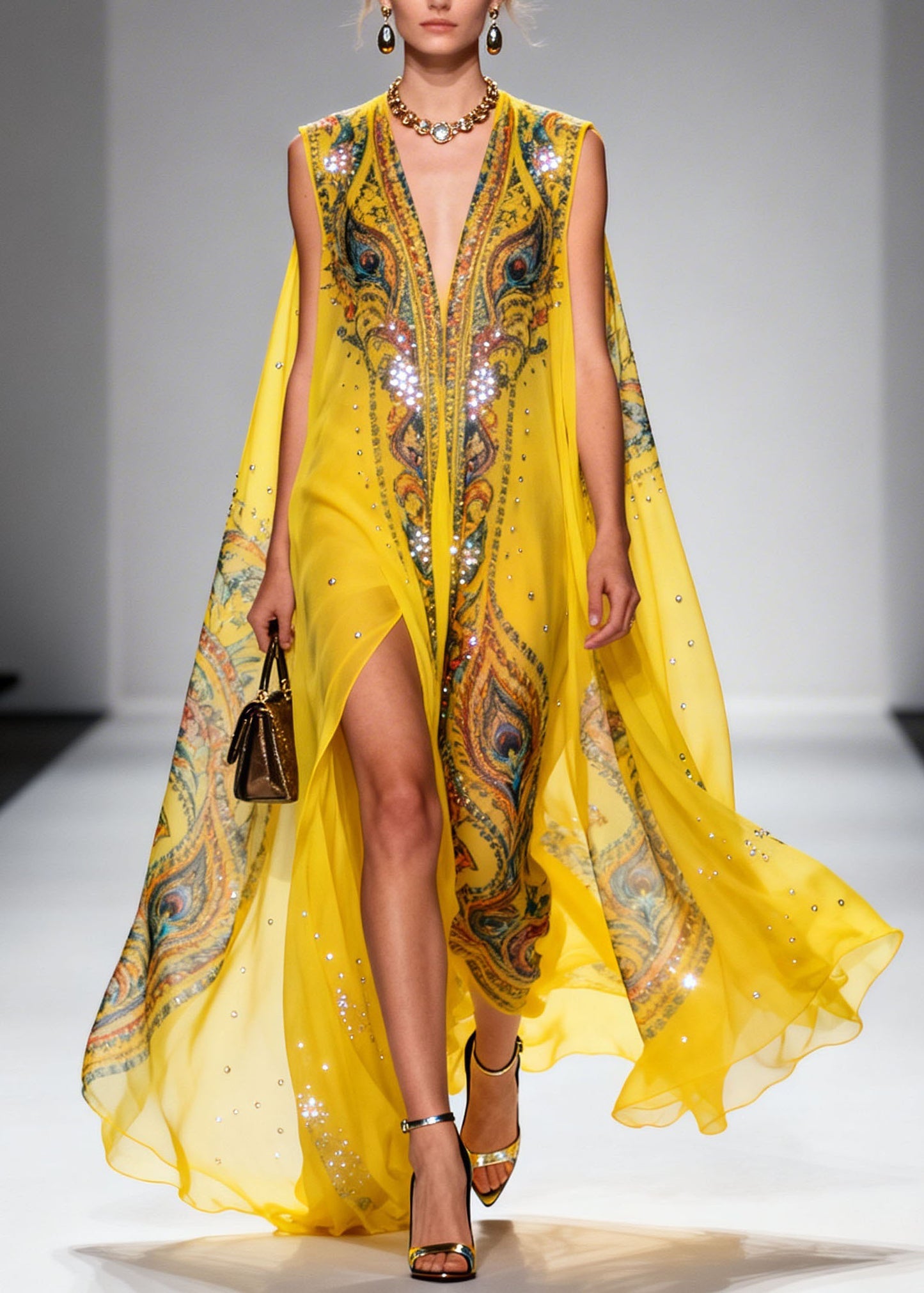 Original Design Yellow V Neck Print Zircon Chiffon Dress Summer