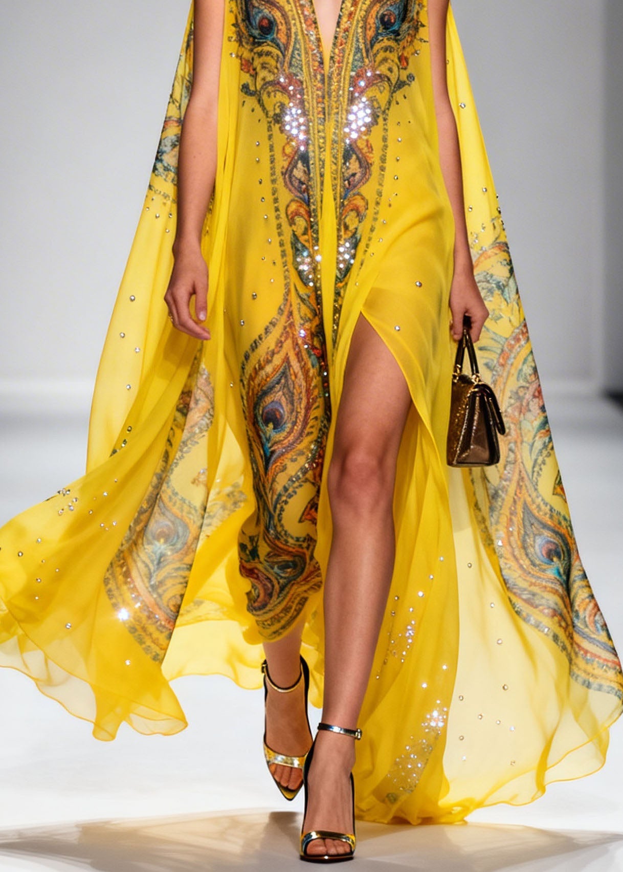 Original Design Yellow V Neck Print Zircon Chiffon Dress Summer
