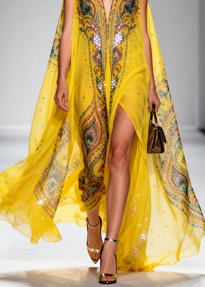 Original Design Yellow V Neck Print Zircon Chiffon Dress Summer