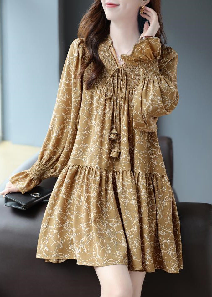 Original Design Yellow Wrinkled Print Tie Lace Mid Dress Flare Sleeve