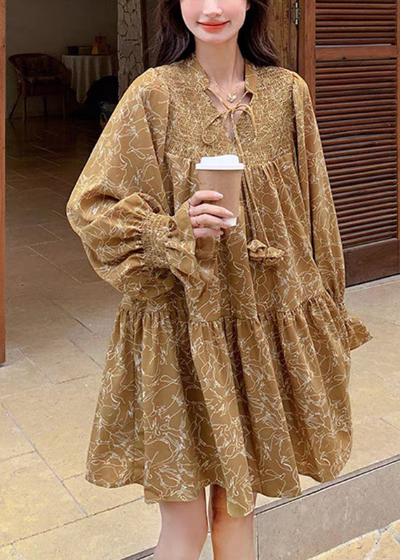 Original Design Yellow Wrinkled Print Tie Lace Mid Dress Flare Sleeve