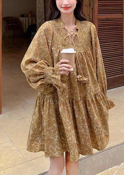 Original Design Yellow Wrinkled Print Tie Lace Mid Dress Flare Sleeve