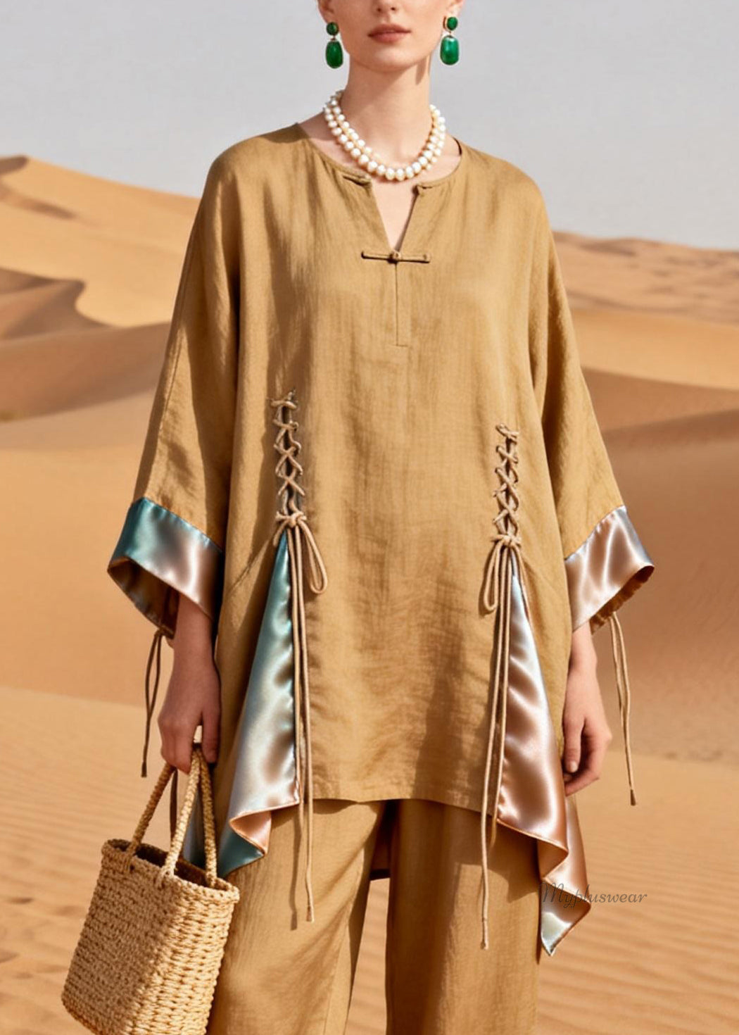 Original DesignKhaki Lace Up Patchwork Silk Linen Two Pieces Set