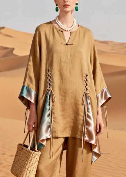 Original DesignKhaki Lace Up Patchwork Silk Linen Two Pieces Set