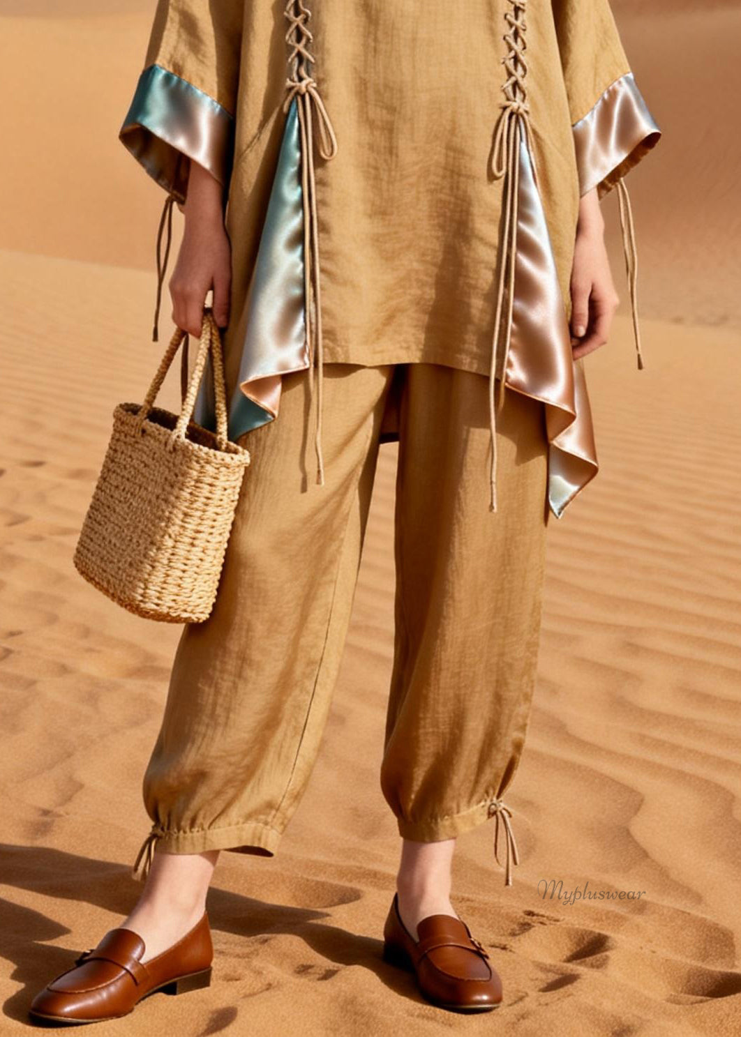 Original DesignKhaki Lace Up Patchwork Silk Linen Two Pieces Set