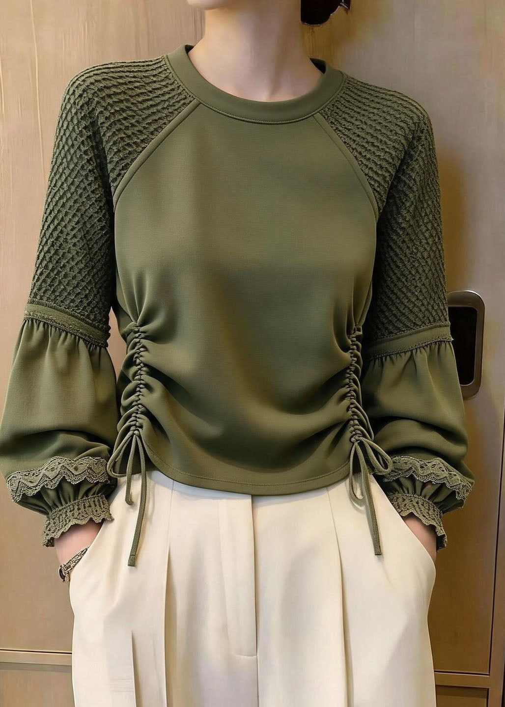 Original Green Cinched Tulle Patchwork Top Lantern Sleeve