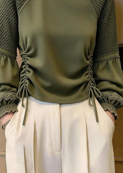 Original Green Cinched Tulle Patchwork Top Lantern Sleeve