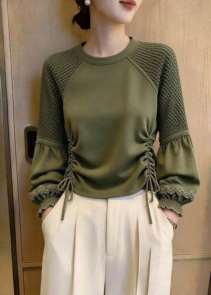Original Green Cinched Tulle Patchwork Top Lantern Sleeve