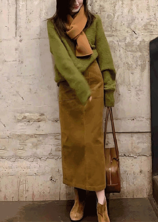 Original Green Cozy Knit Sweaters And Coffee Skirts Two Pieces Set Winter