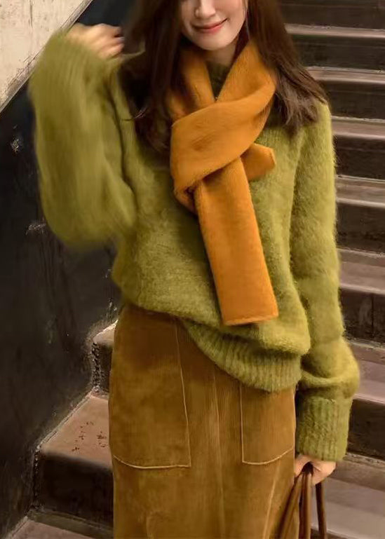 Original Green Cozy Knit Sweaters And Coffee Skirts Two Pieces Set Winter