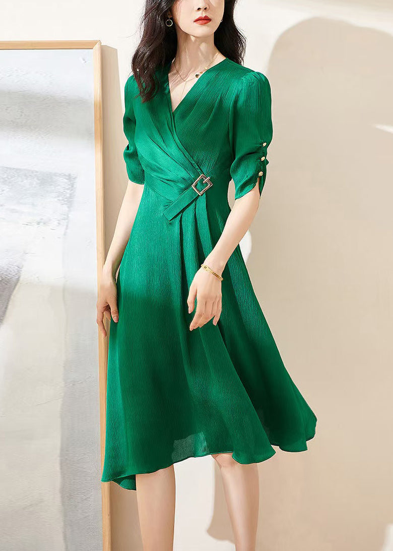 Original Green V Neck Wrinkled High Waist Cotton Dresses Summer