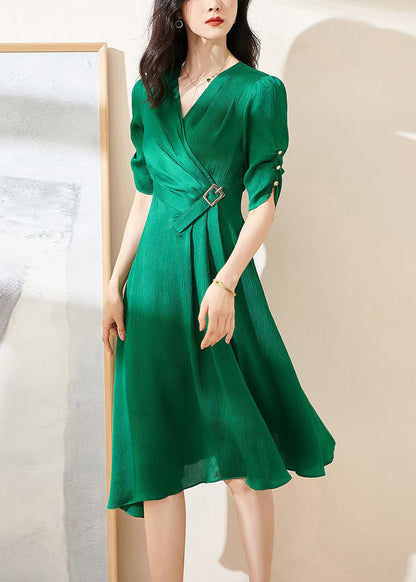 Original Green V Neck Wrinkled High Waist Cotton Dresses Summer