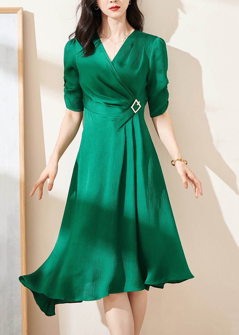 Original Green V Neck Wrinkled High Waist Cotton Dresses Summer
