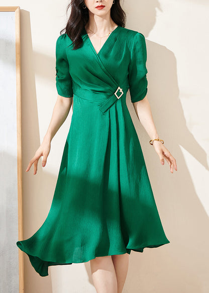 Original Green V Neck Wrinkled High Waist Cotton Dresses Summer