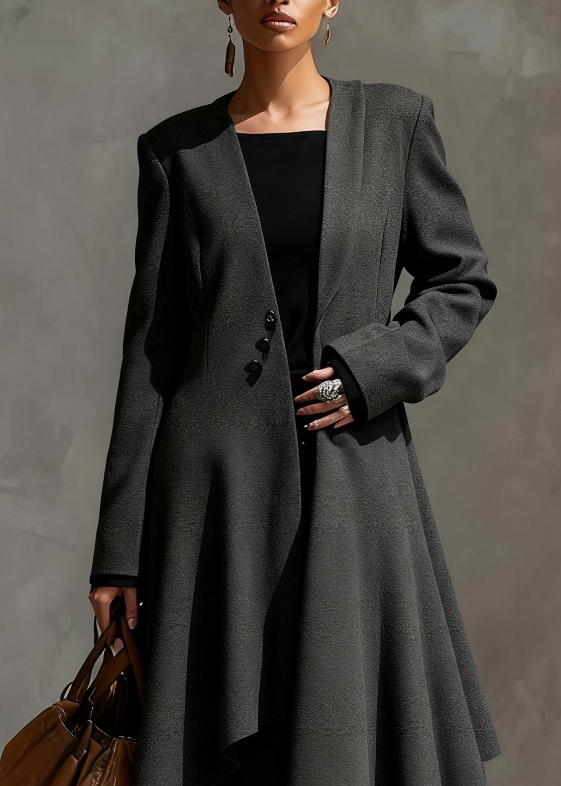 Original Grey Asymmetrical Button Woolen Long Coats Spring