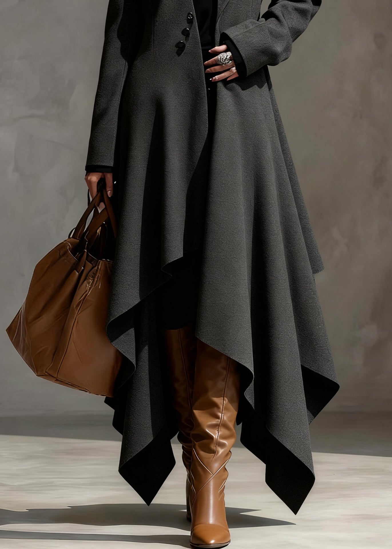 Original Grey Asymmetrical Button Woolen Long Coats Spring