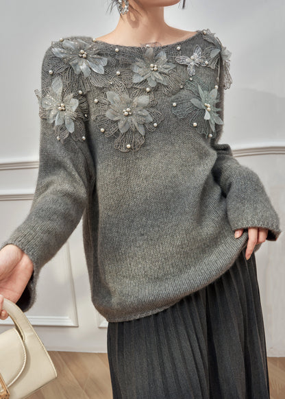 Original Grey O Neck Floral Pearl Knit Cardigan Winter