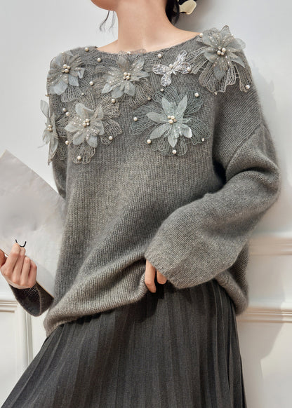 Original Grey O Neck Floral Pearl Knit Cardigan Winter