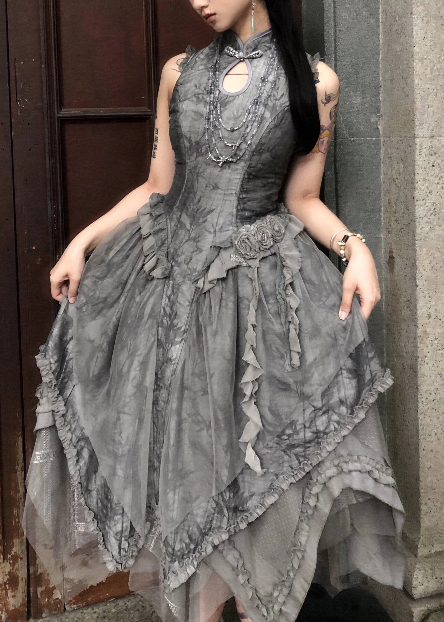 Original Grey Ruffled Lace Up Tulle Patchwork Long Dress Sleeveless