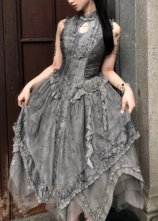 Original Grey Ruffled Lace Up Tulle Patchwork Long Dress Sleeveless