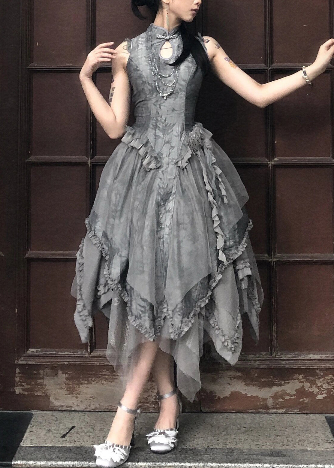 Original Grey Ruffled Lace Up Tulle Patchwork Long Dress Sleeveless