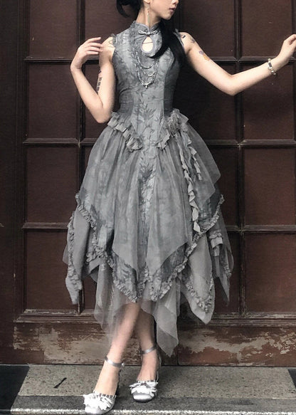 Original Grey Ruffled Lace Up Tulle Patchwork Long Dress Sleeveless