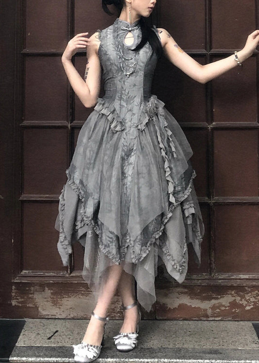 Original Grey Ruffled Lace Up Tulle Patchwork Long Dress Sleeveless