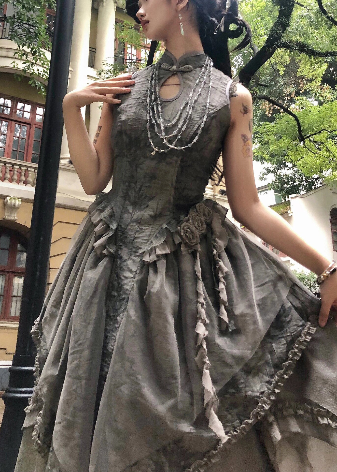Original Grey Ruffled Lace Up Tulle Patchwork Long Dress Sleeveless