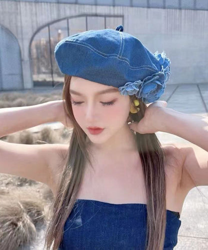 Original Handmade Flower Denim Beret Hat