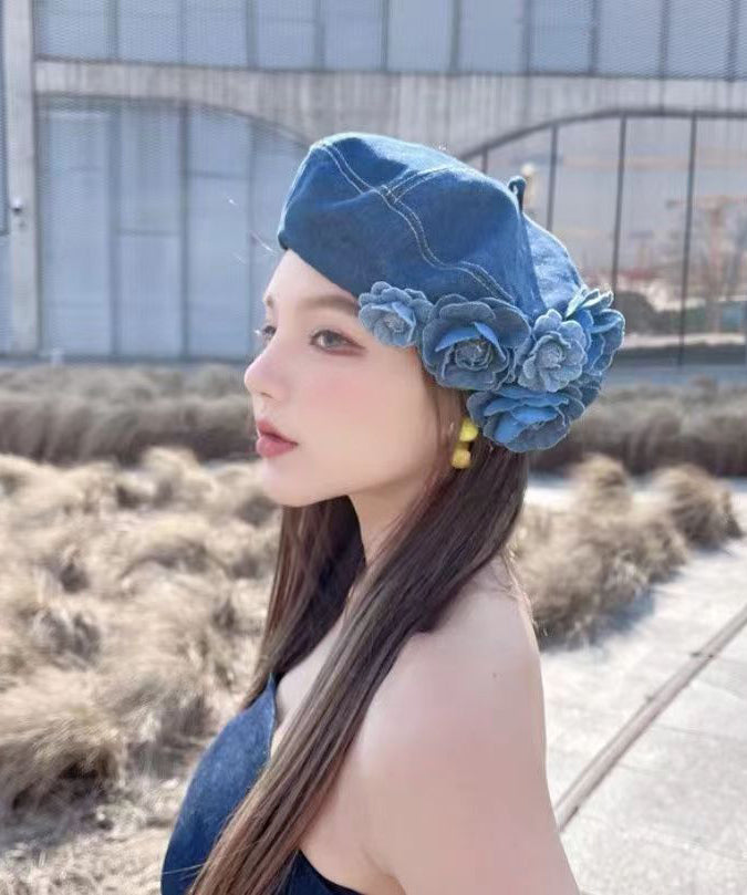 Original Handmade Flower Denim Beret Hat