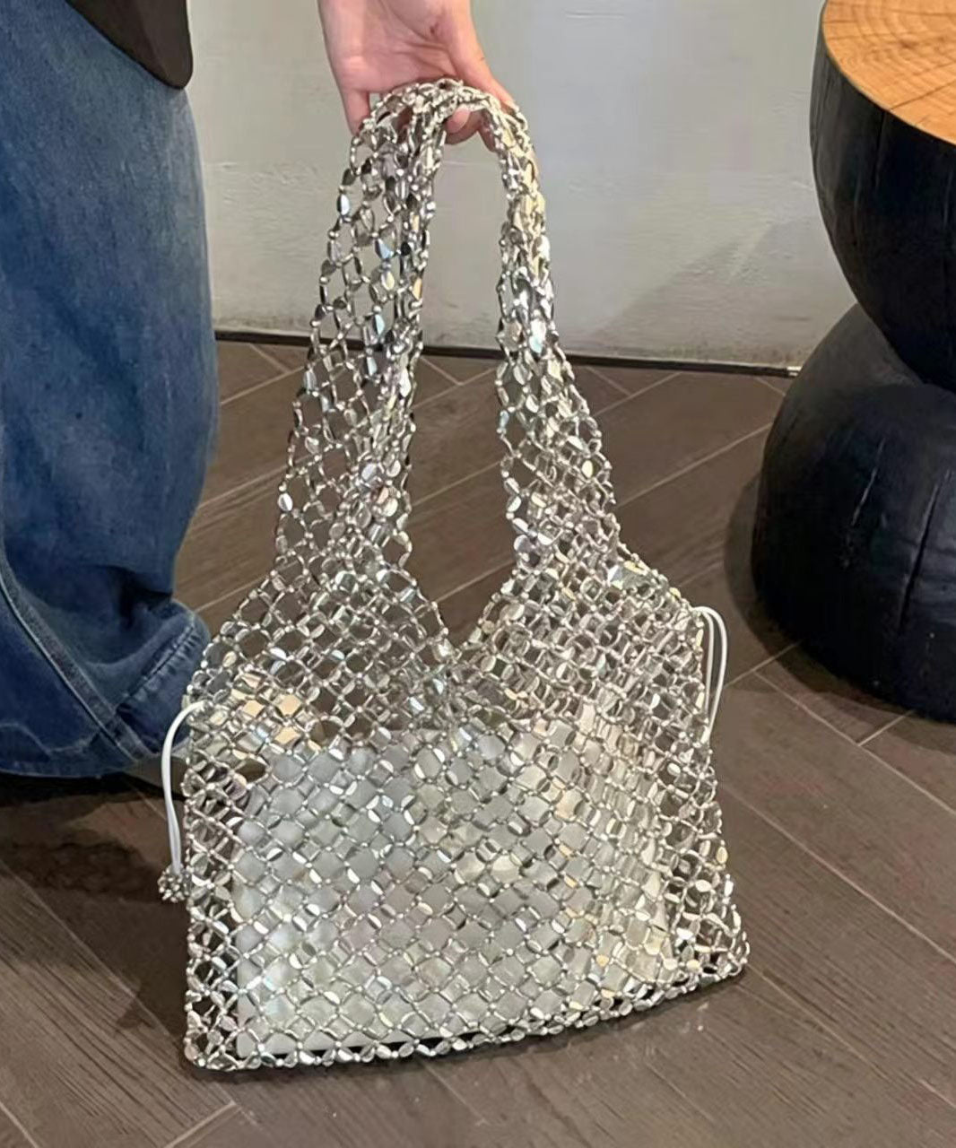 Original Hollow Out Large Capacity Shiny Woven Bead Shoulder Bag