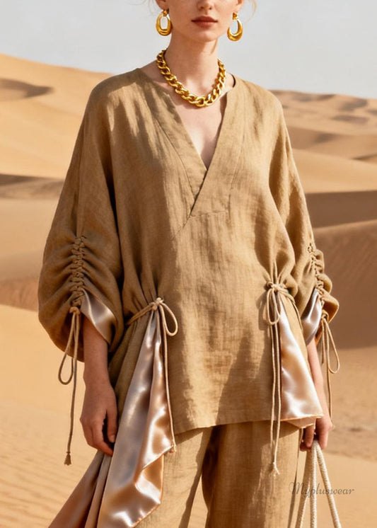 Original Khaki Asymmetrical Cinched Silk Patchwork Two Pieces Set Spring
