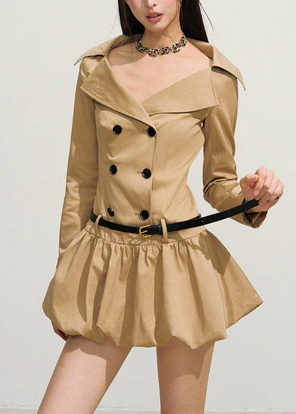 Original Khaki Double Breast Sashes Cotton Mini Dresses Fall