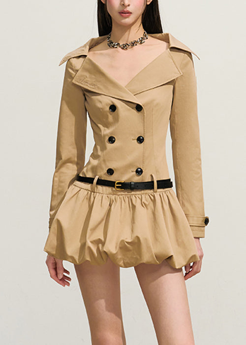 Original Khaki Double Breast Sashes Cotton Mini Dresses Fall