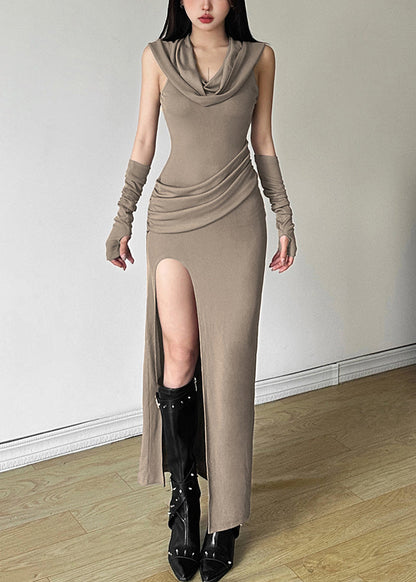 Original Khaki Hooded Side Open Wrinkled Cotton Dress Summer