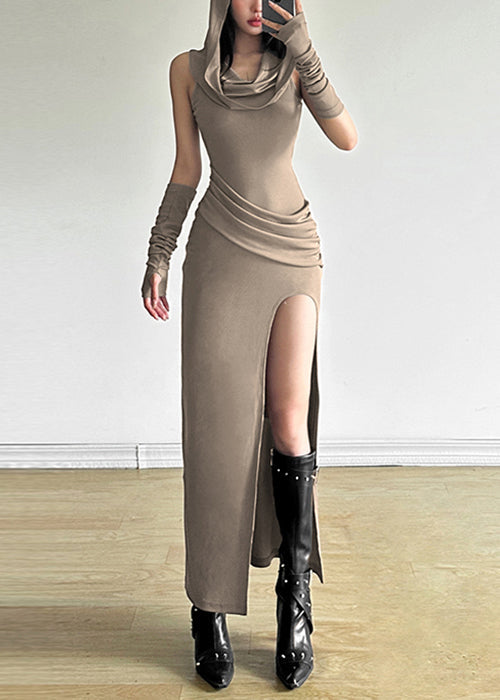 Original Khaki Hooded Side Open Wrinkled Cotton Dress Summer