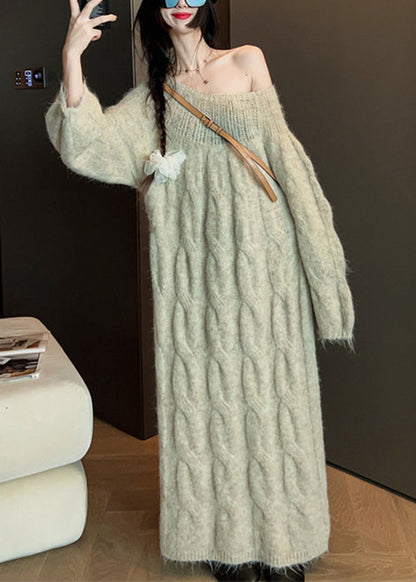 Original Khaki O Neck Hollow Out Solid Knit Sweater Dress